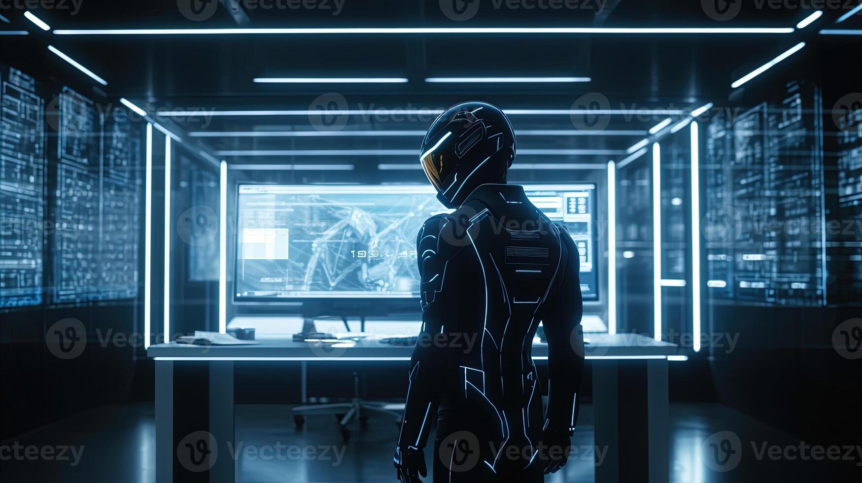 man wearing futuristic helmet stand in front computer, digital art illustration, photo