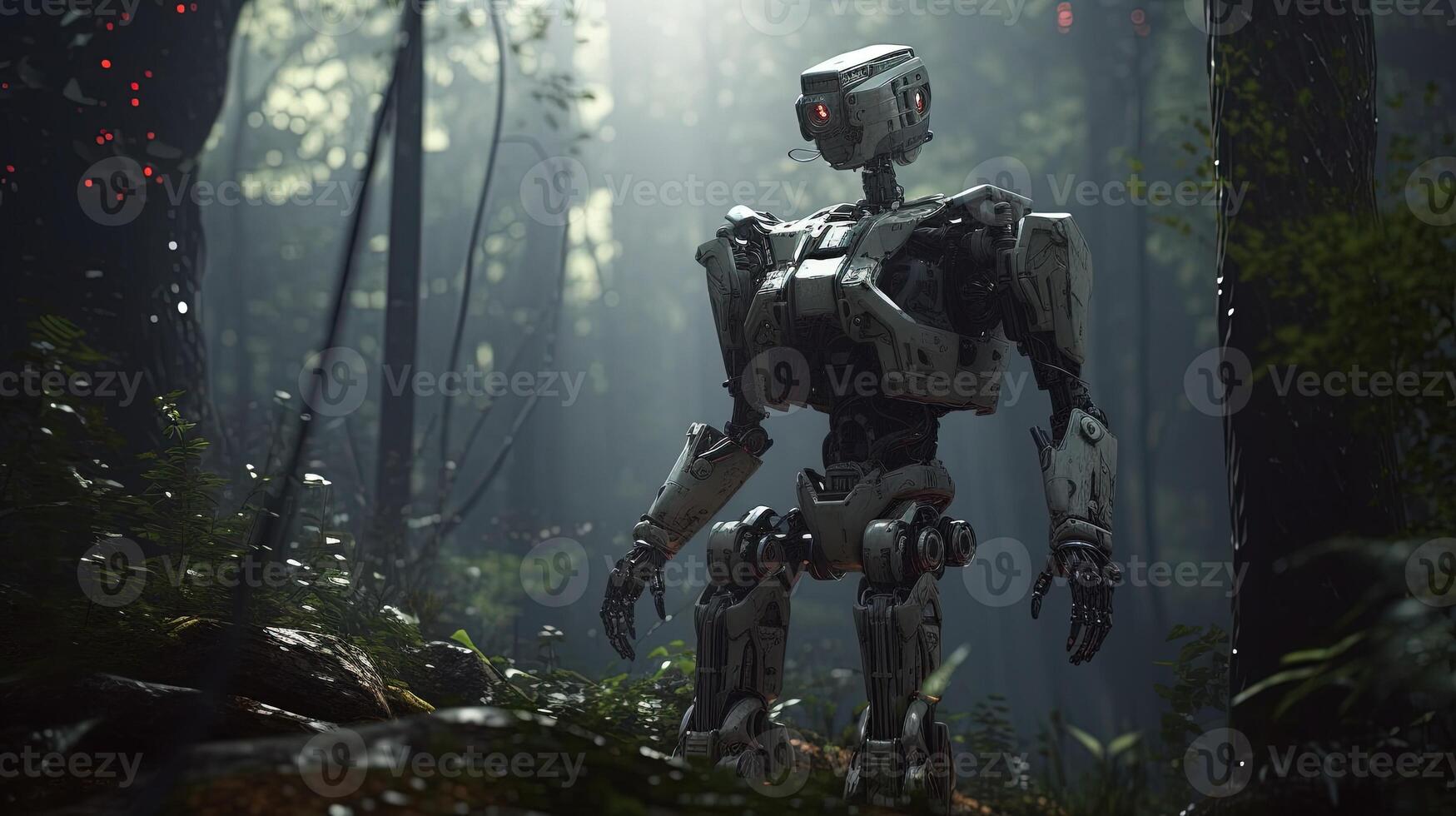 modern robot in the woods, digital art illustration, photo