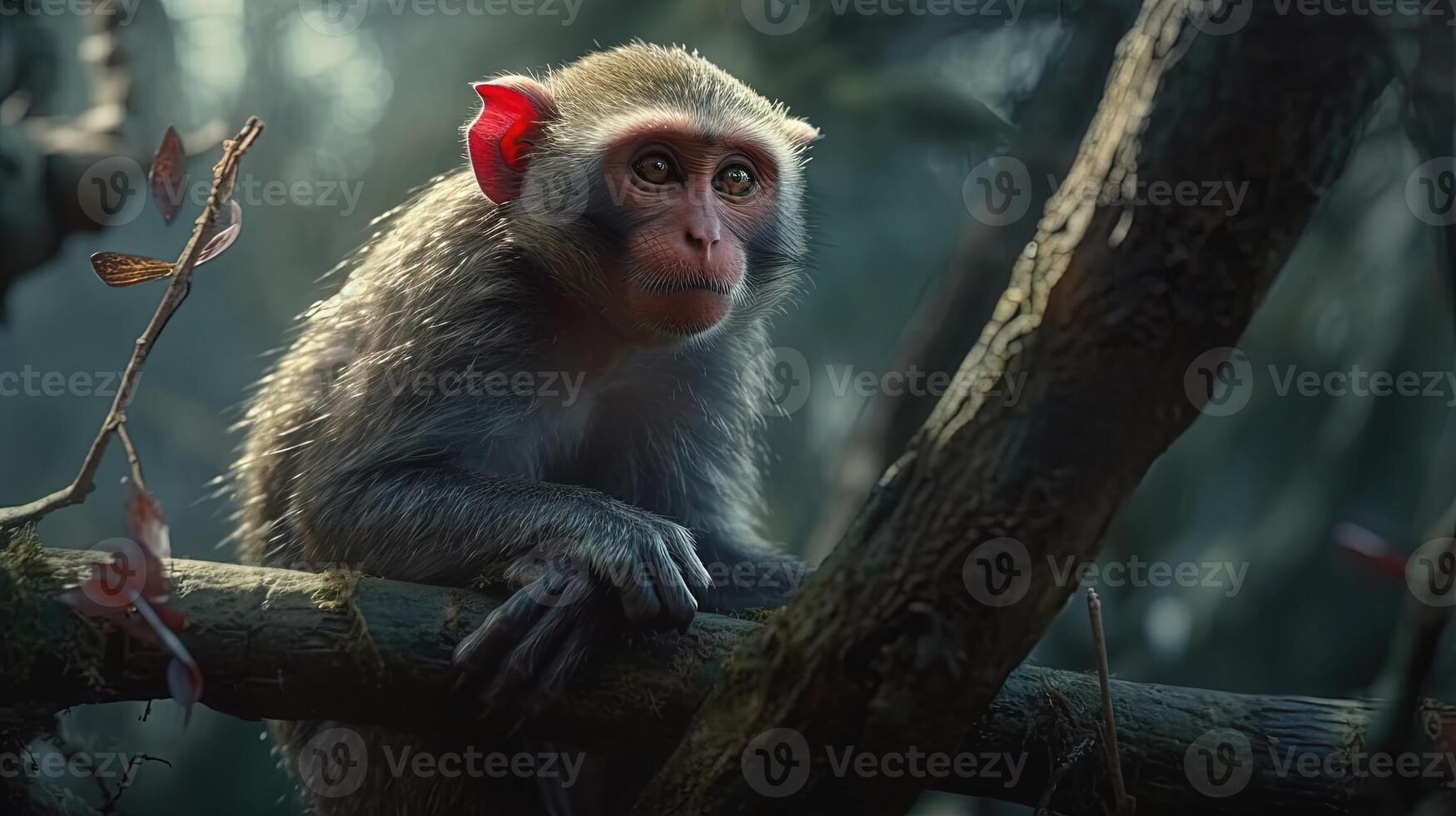mischievous red eyes monkey, digital art illustration, photo