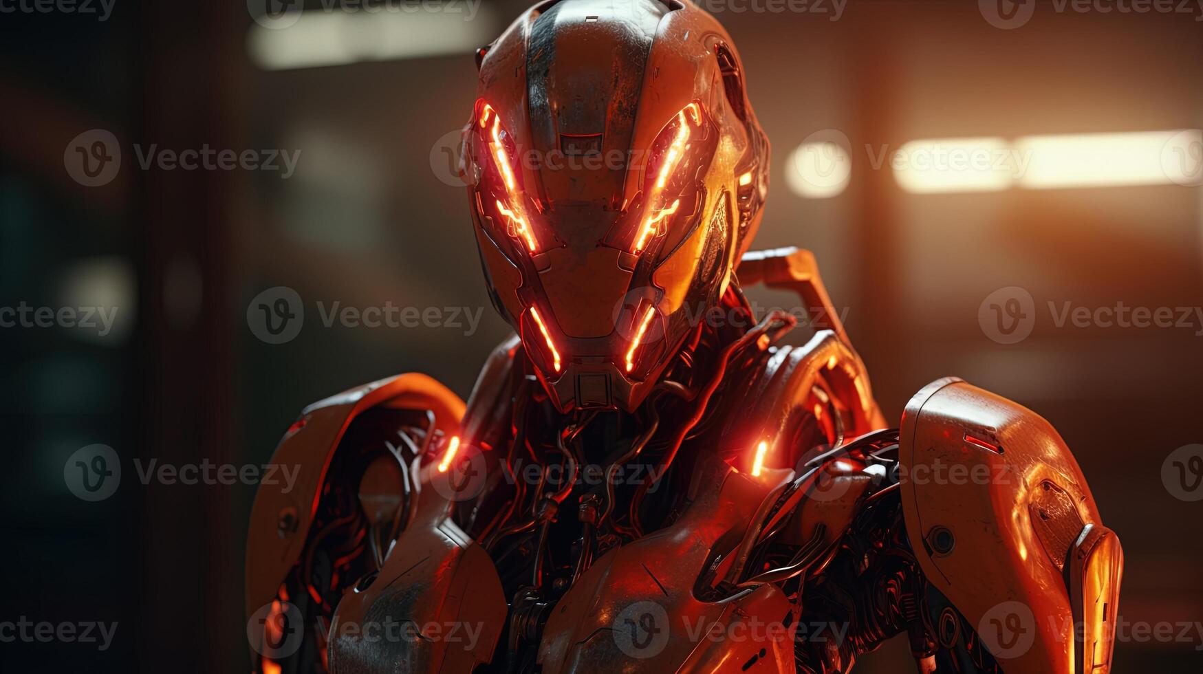 modern robot with fiery red and orange, digital art illustration, photo