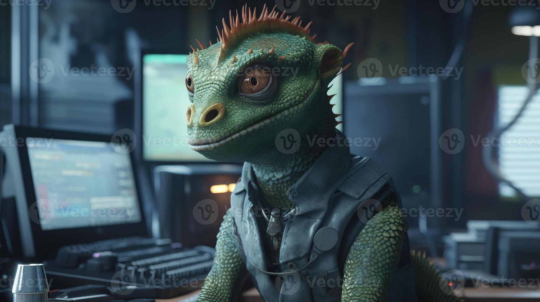 open minded iguana computer technician, digital art illustration, photo