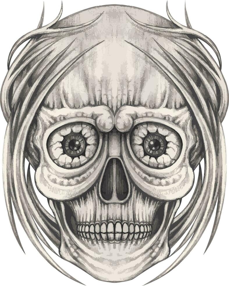 Fancy surreal skull tattoo. Hand drawing and make graphic vector. vector