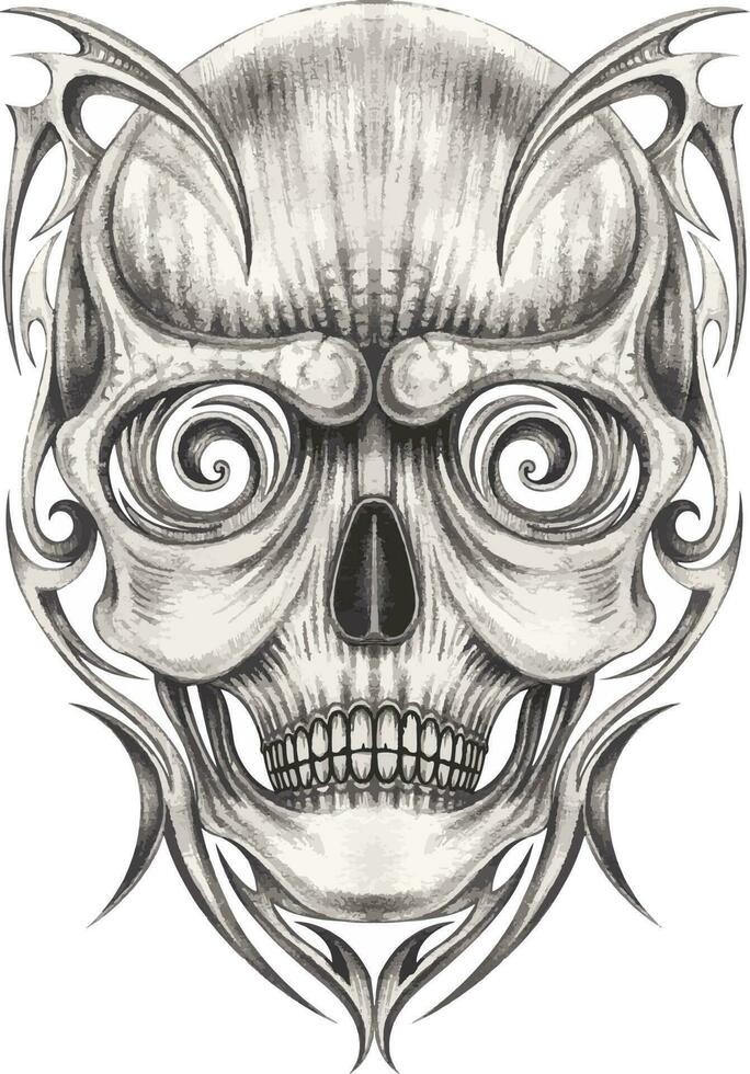 Fancy skull tattoo. Hand drawing and make graphic vector. vector