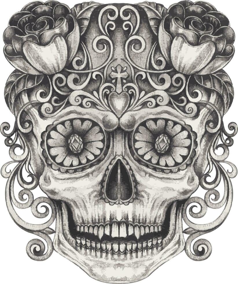 Art vintage mix fancy skull day of the dead. Hand drawing and make graphic vector. vector