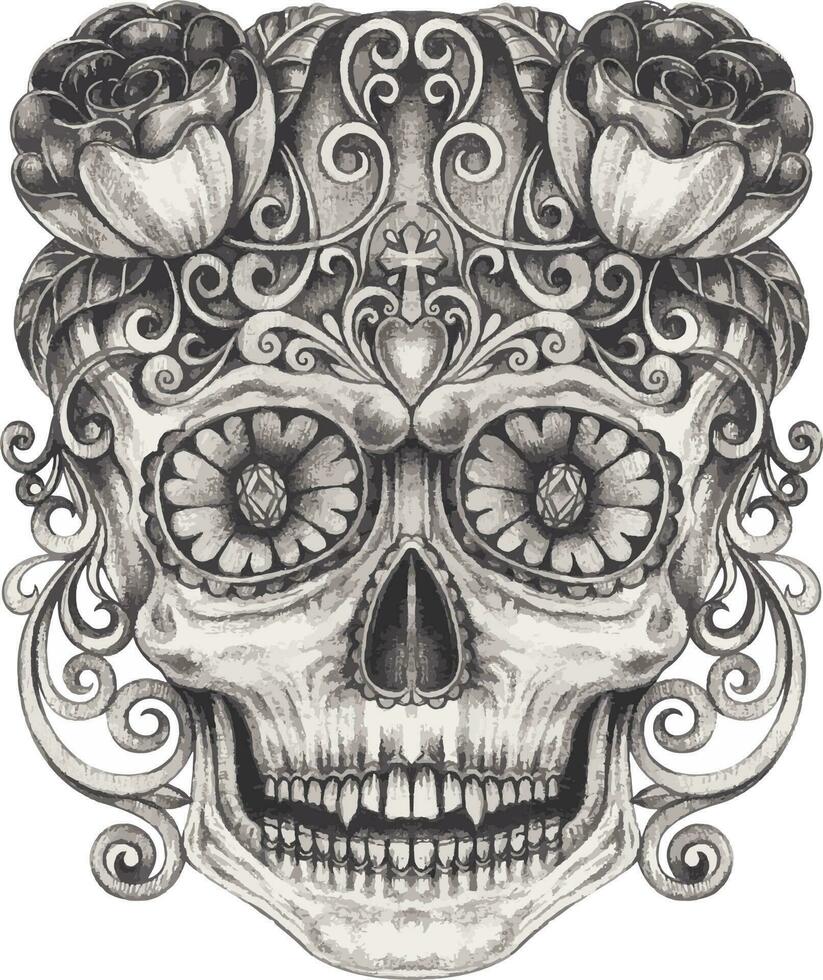 Art vintage mix fancy skull day of the dead. Hand drawing and make graphic vector. vector