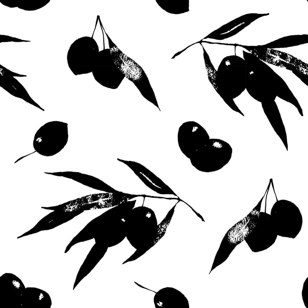 Olives branch black silhouettes imprint seamless patten on white background. Olive leaves and berries monochrome botanical print vector design for wrapping paper, textile, package, natural cosmetics.