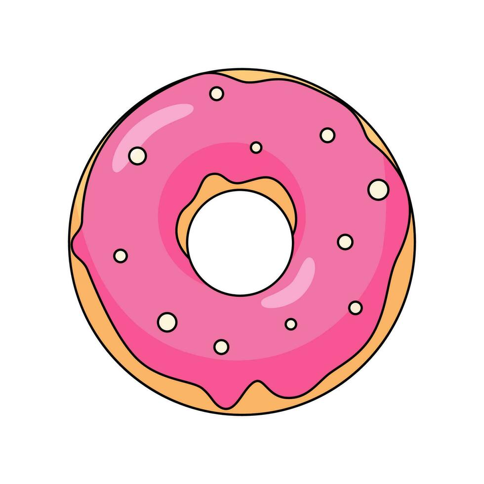 Pink donut with strawberry glaze doodle drawing. Cartoon vector illustration isolated on white background.