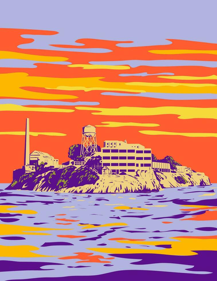 Alcatraz Island at Dusk in San Francisco California WPA Art Deco Poster vector