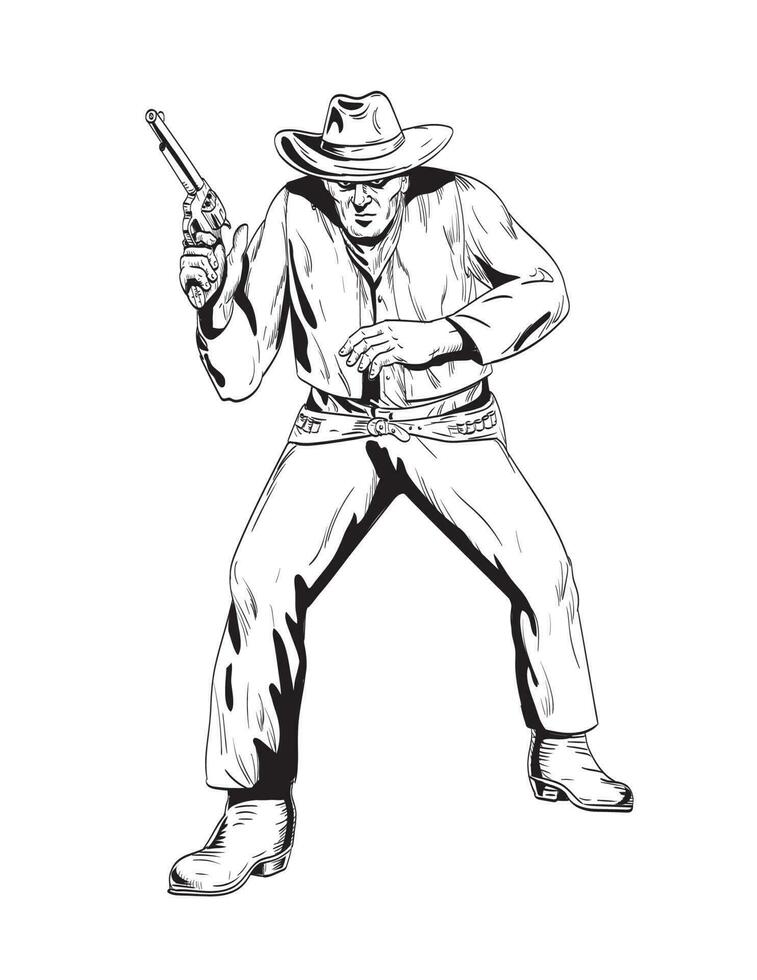 vaquero con pistola dibujado en tiroteo visto desde el frente ver historietas estilo dibujo vector