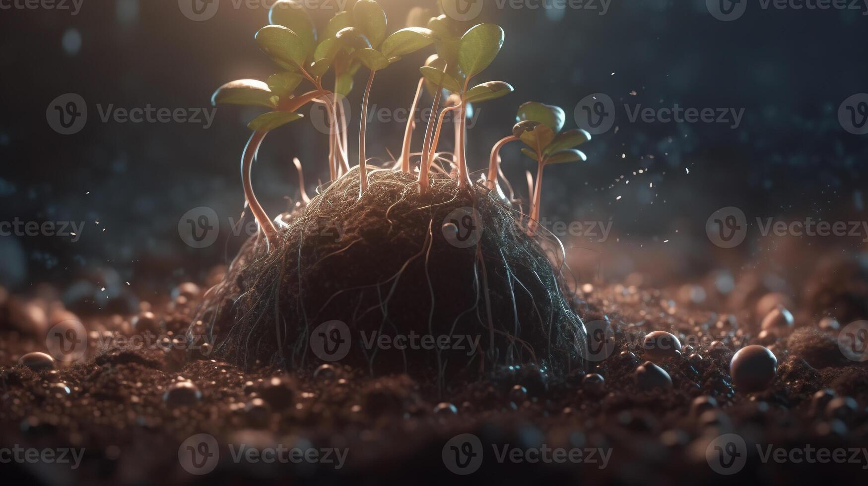 soil with seedling sprouts, digital art illustration, photo