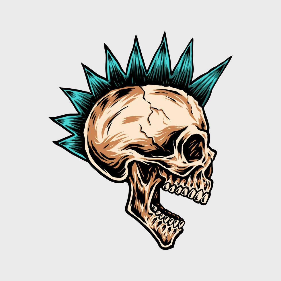 Punk skull hand drawn line style with digital color, vector illustration