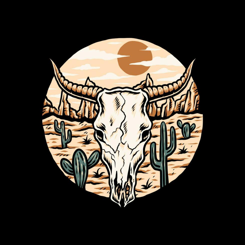 Buffalo Skull on the Desert hand drawn line style with digital color, vector illustration