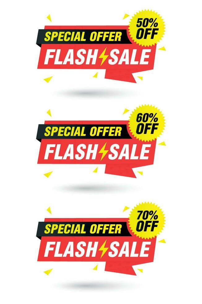 Special offer flash sale origami labels set. Sale 50, 60, 70 off discount vector