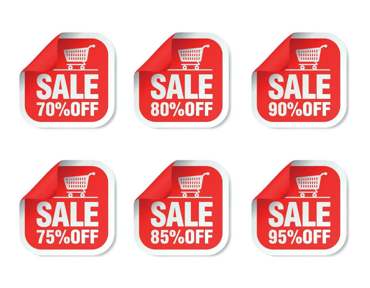 Red sale stickers set with shop cart. Sale 70, 80, 90, 75, 85, 95 off discount vector