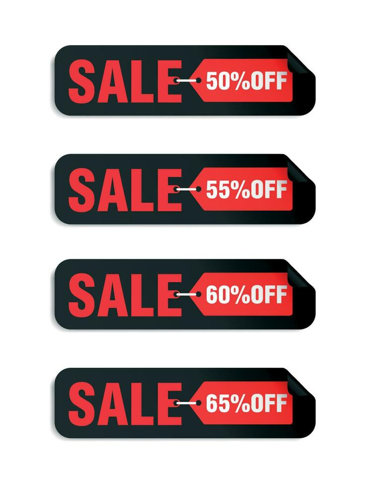 Black long sale stickers set 50, 55, 60, 65 off discount vector