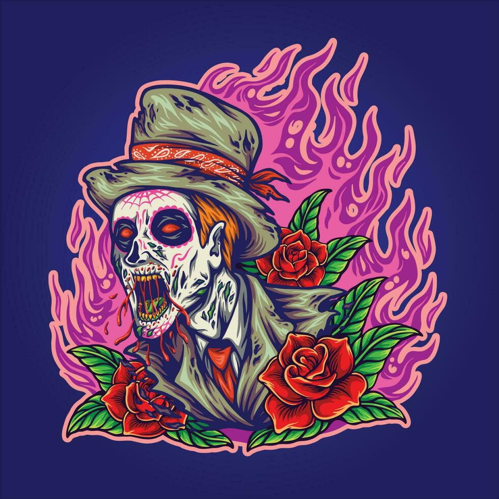 zombi azúcar cráneo con floreciente Rosa ilustración vector