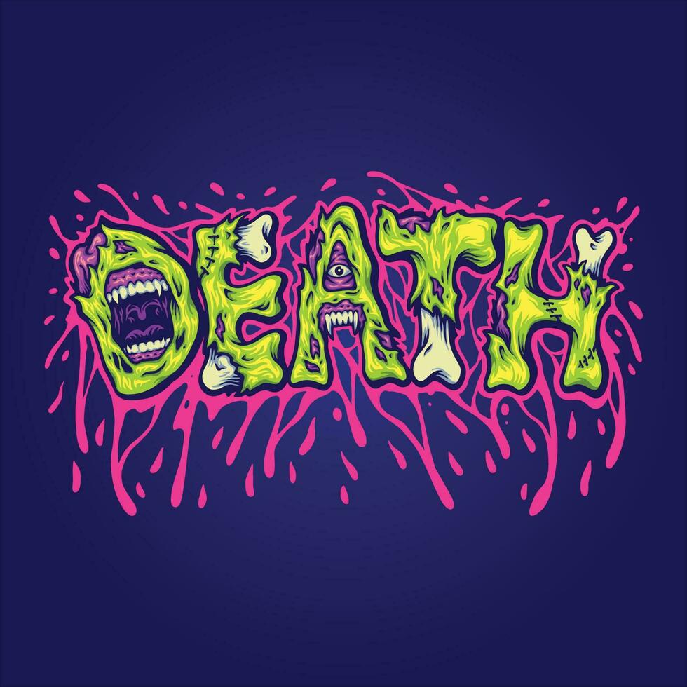 Death word typeface with melted monster letter illustrations vector