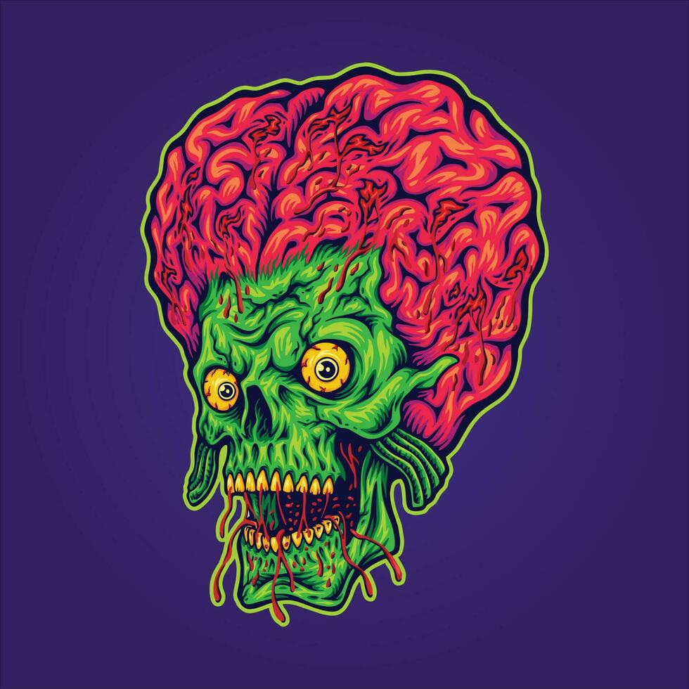 Brained alien skull creepy alien head illustrations vector