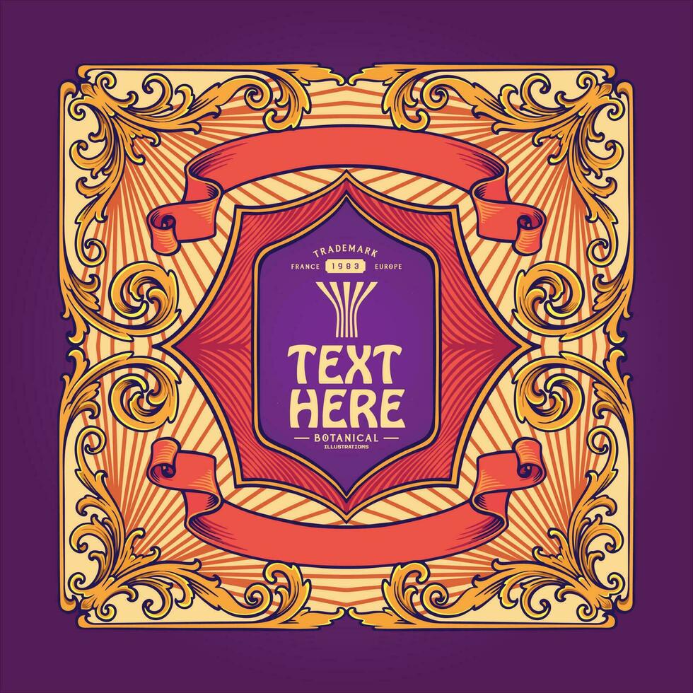 Vintage engraved ornament border with classical ribbon illustrations vector