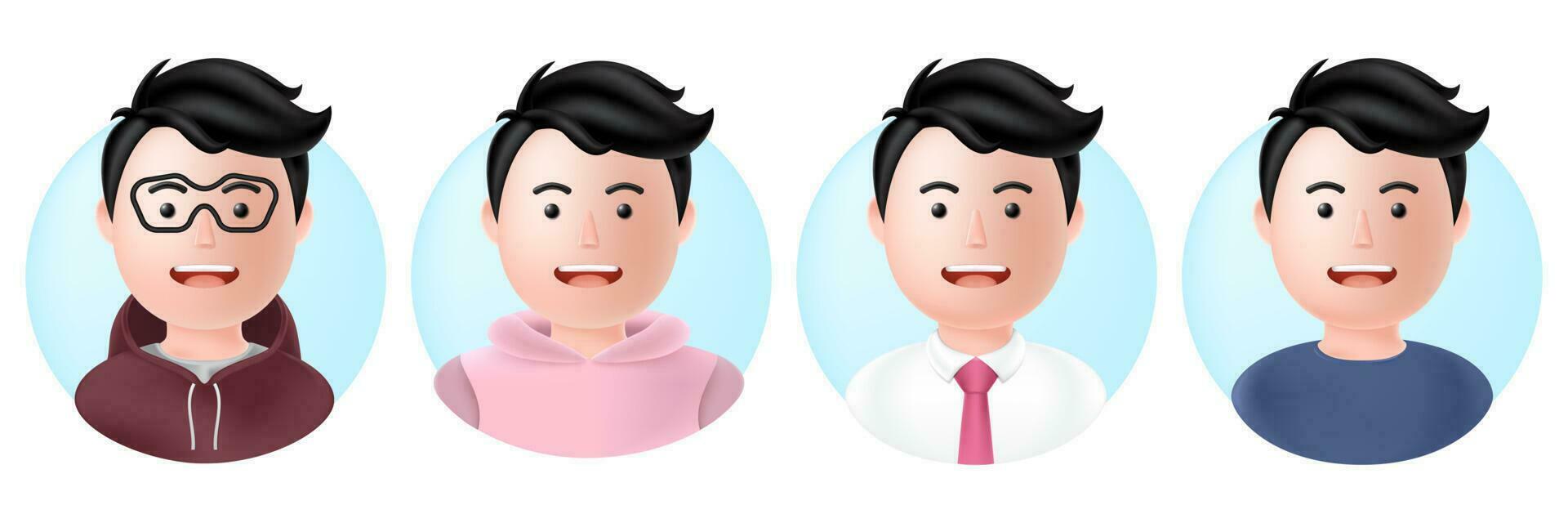 Handsome boy cartoon avatar 3d, smiling face boy wearing hoodie, sweater, tie, shirt, t-shirt and glasses vector