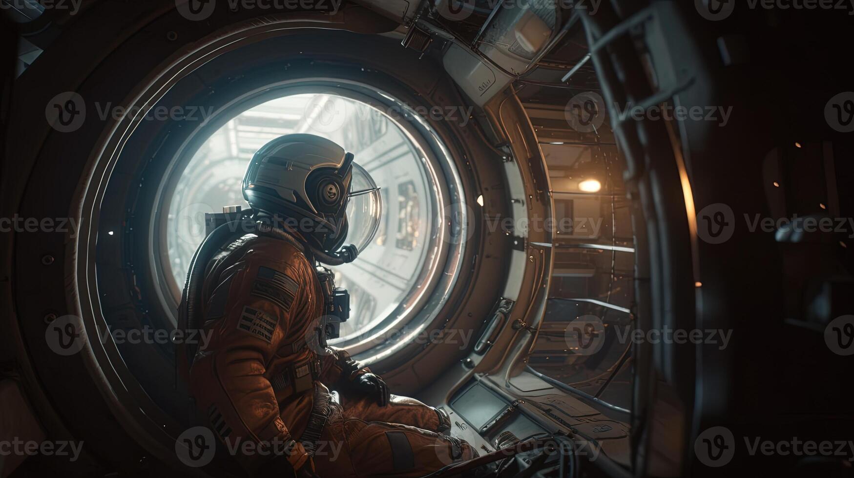 astronaut porthole droid observe space, digital art illustration, photo
