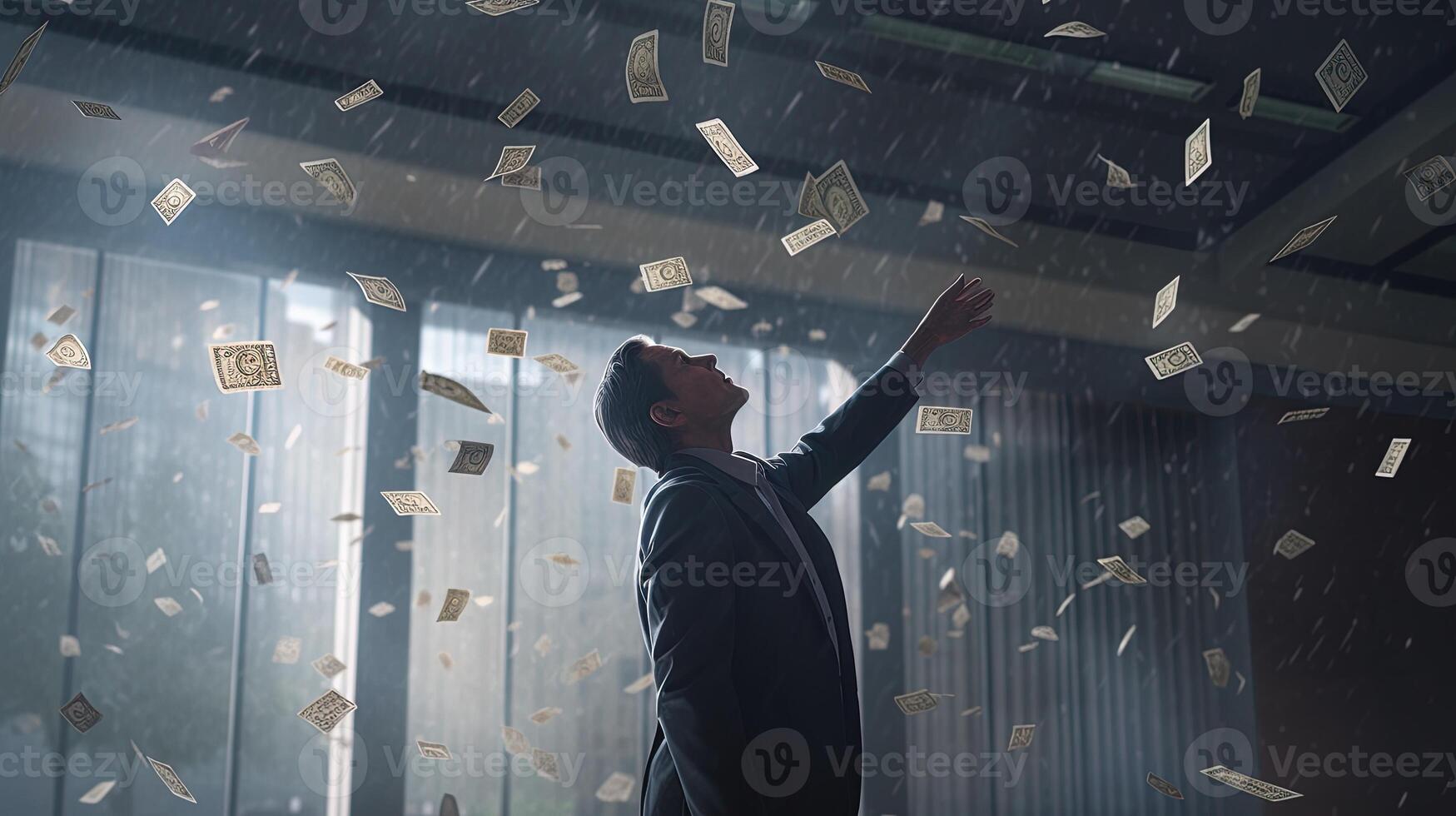 businessman with floating money, digital art illustration, photo