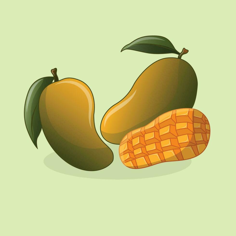 flat vector design, illustration of fresh mango fruit with fresh red flesh