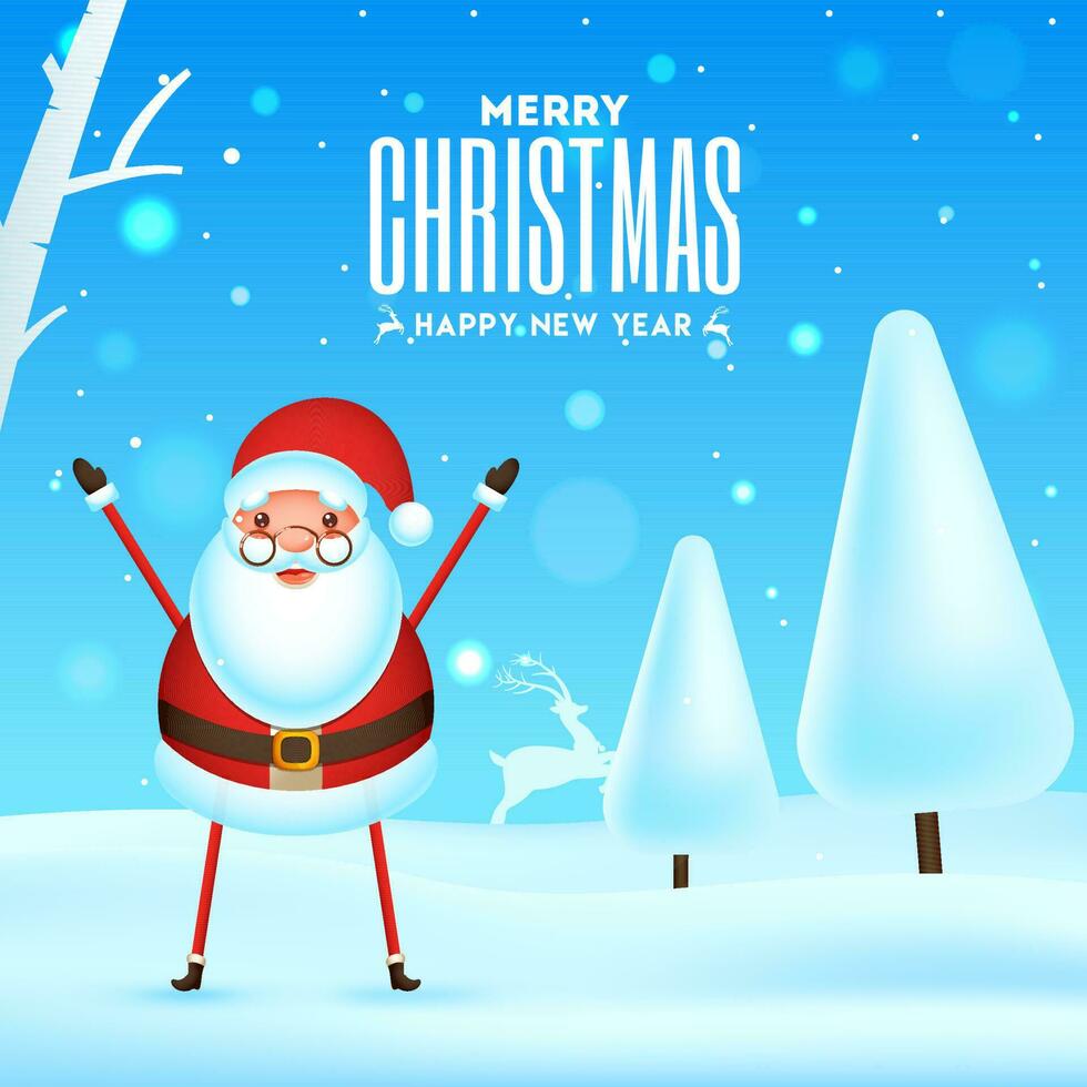 Merry Christmas and Happy New Year greeting card design with santa claus raising hands and snow cover tree on blue snowfall background. vector