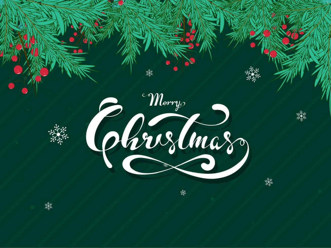 verde a rayas antecedentes decorado con pino hojas, baya ramas y caligrafía texto alegre Navidad. lata ser usado como saludo tarjeta diseño. vector