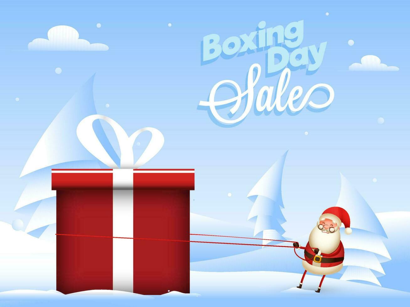 Boxing Day Sale poster design with paper cut xmas tree and illustration of santa pulling rope of gift box on snowy background. vector