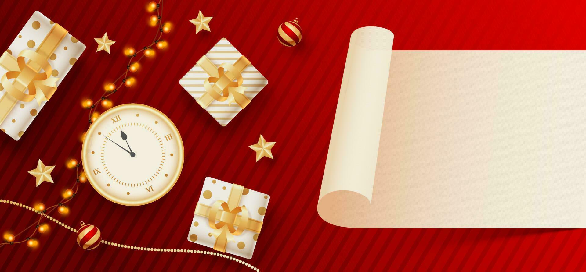 Blank scroll paper given for your message with top view of clock, gift boxes and lighting garland decorated on red striped background. Header or banner design. vector