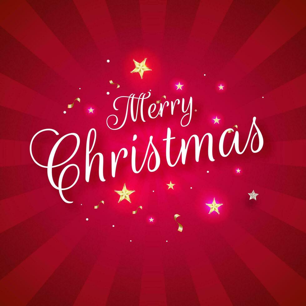 Calligraphy text Merry Christmas decorated with stars and lighting effect on red rays background. Can be used as greeting card or poster design. vector