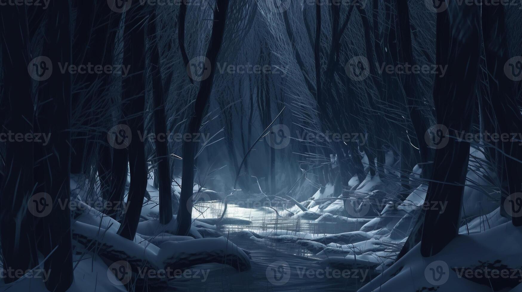 winter forest in darkness, digital art illustration, photo