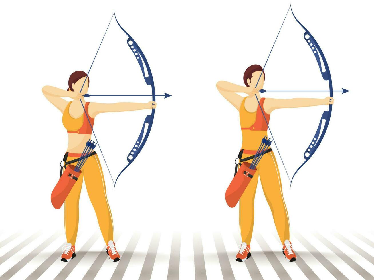 Faceless character of man and woman taking aim from bow arrow with quiver in standing pose. vector