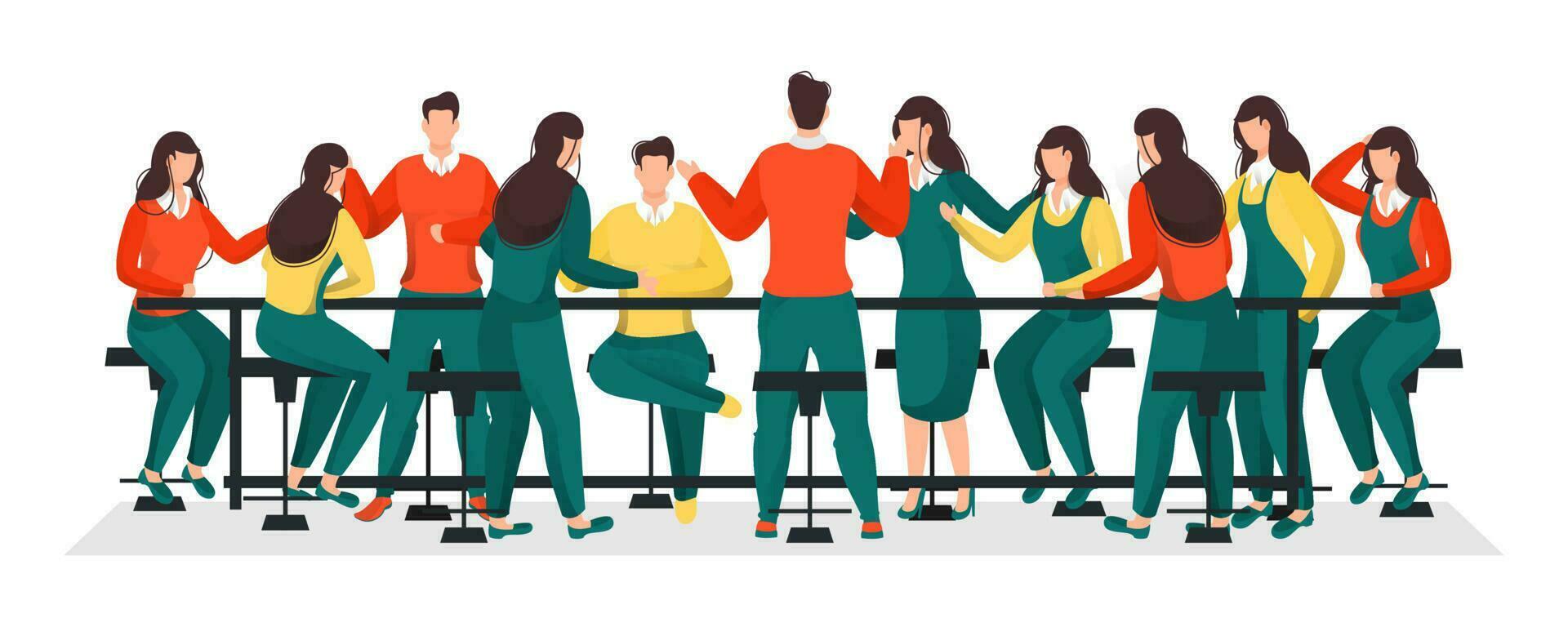 Group of Faceless Male and Female in Different Activity on Table with Chair. vector