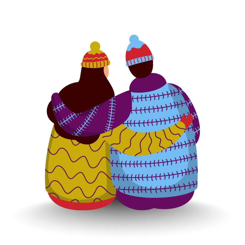 Back view of couple wearing woolen clothes in sitting pose. vector