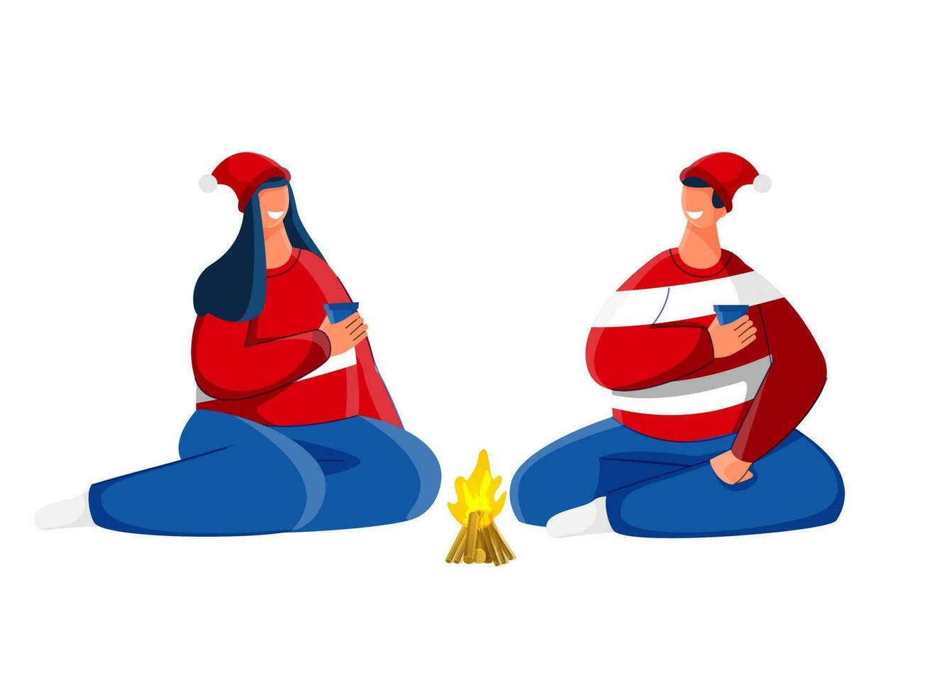 Young Couple wearing Santa Hat and Enjoying Drinks in Front of Bonfire on White Background for Winter Celebration. vector