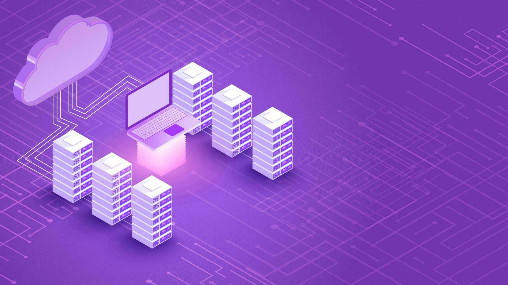 3D illustration of cloud server connected with database and laptop between glowing rays on purple digital circuit background. vector
