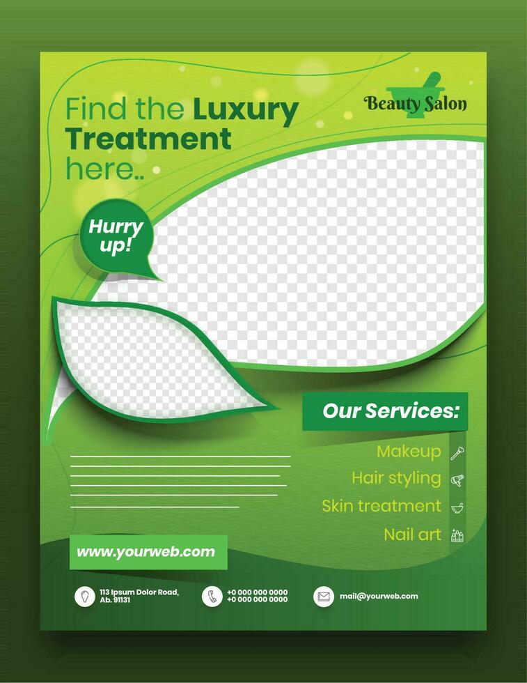 Beauty Salon template or flyer design with given services and space for your image on green background. vector