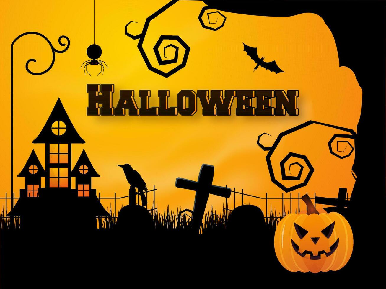 Halloween banner or poster design with haunted house and scary pumpkin on graveyard place background. vector