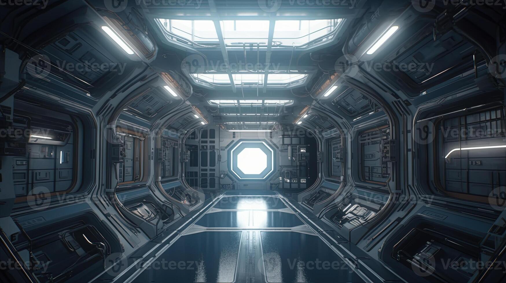 desolate space station corridor, digital art illustration, photo