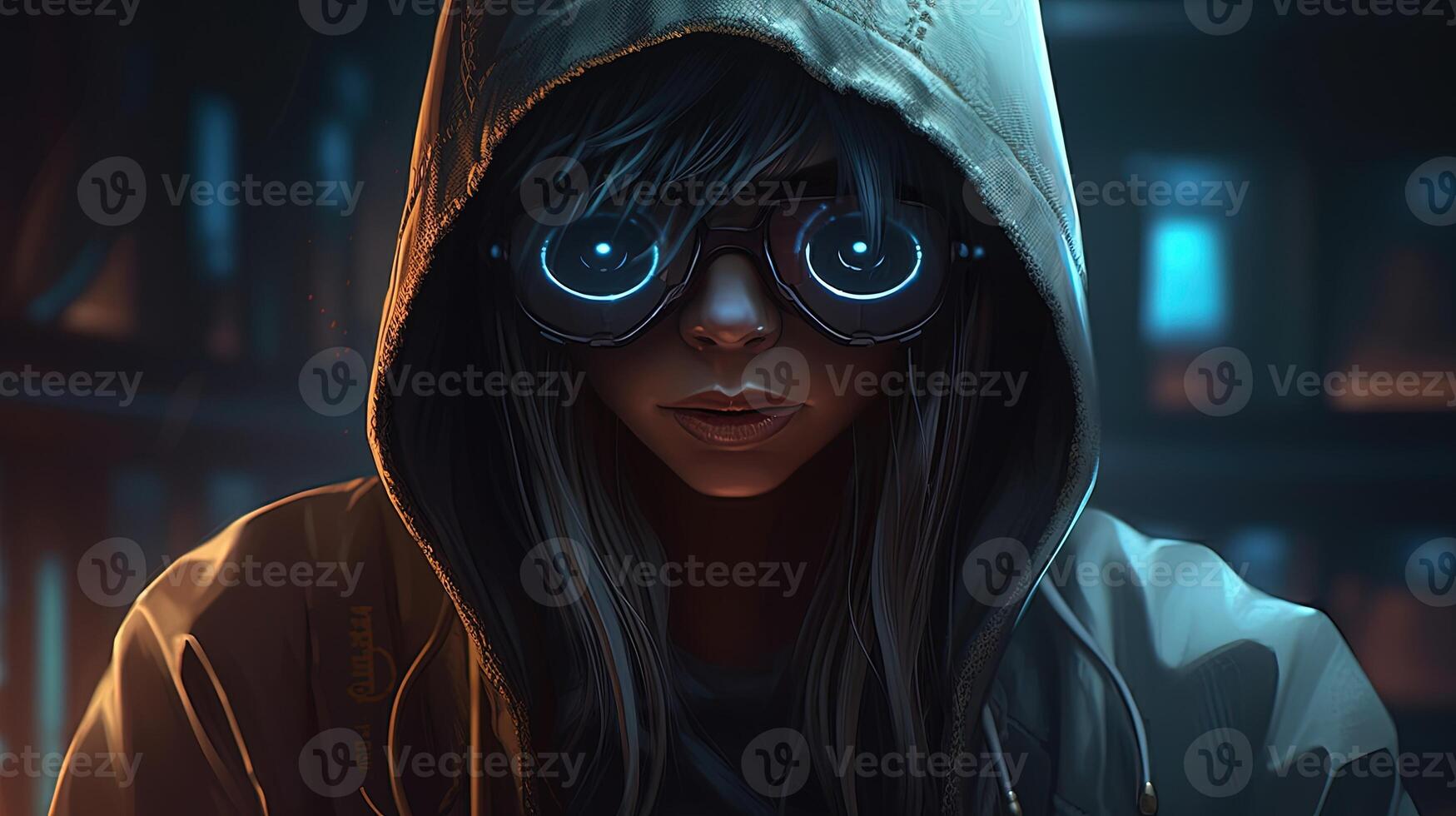 mysterious figure wearing hood and cyber glasses, digital art illustration, photo