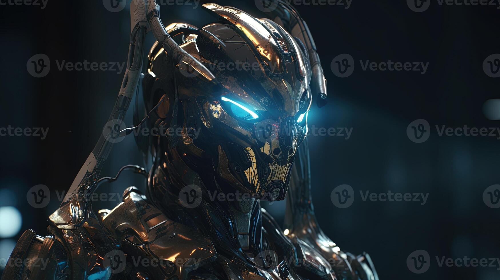 fierce and intimidating alien warrior with cybernetic, digital art illustration, photo