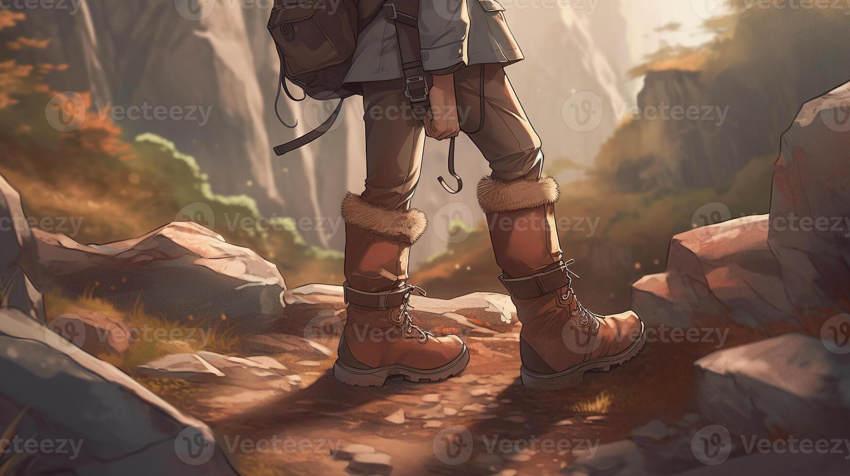 hiker walking on mountain trail, digital art illustration, photo