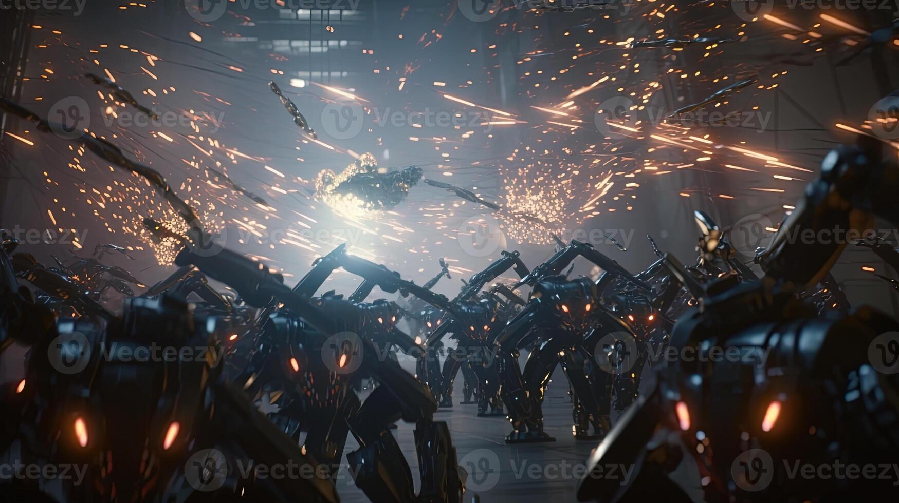 swarm of advanced robots, digital art illustration, photo