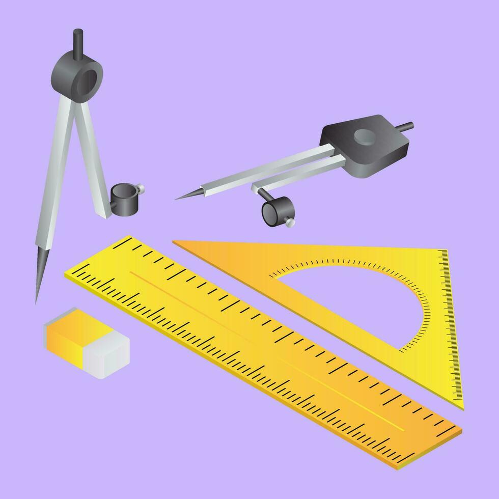 Realistic geometric elements like as ruler scale with triangle protractor, eraser and compass on purple background. vector
