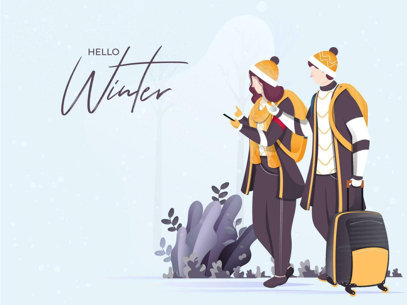 Tourist man discuss to woman using phone with luggage bag on nature background for Hello Winter. Can be used as greeting card design. vector