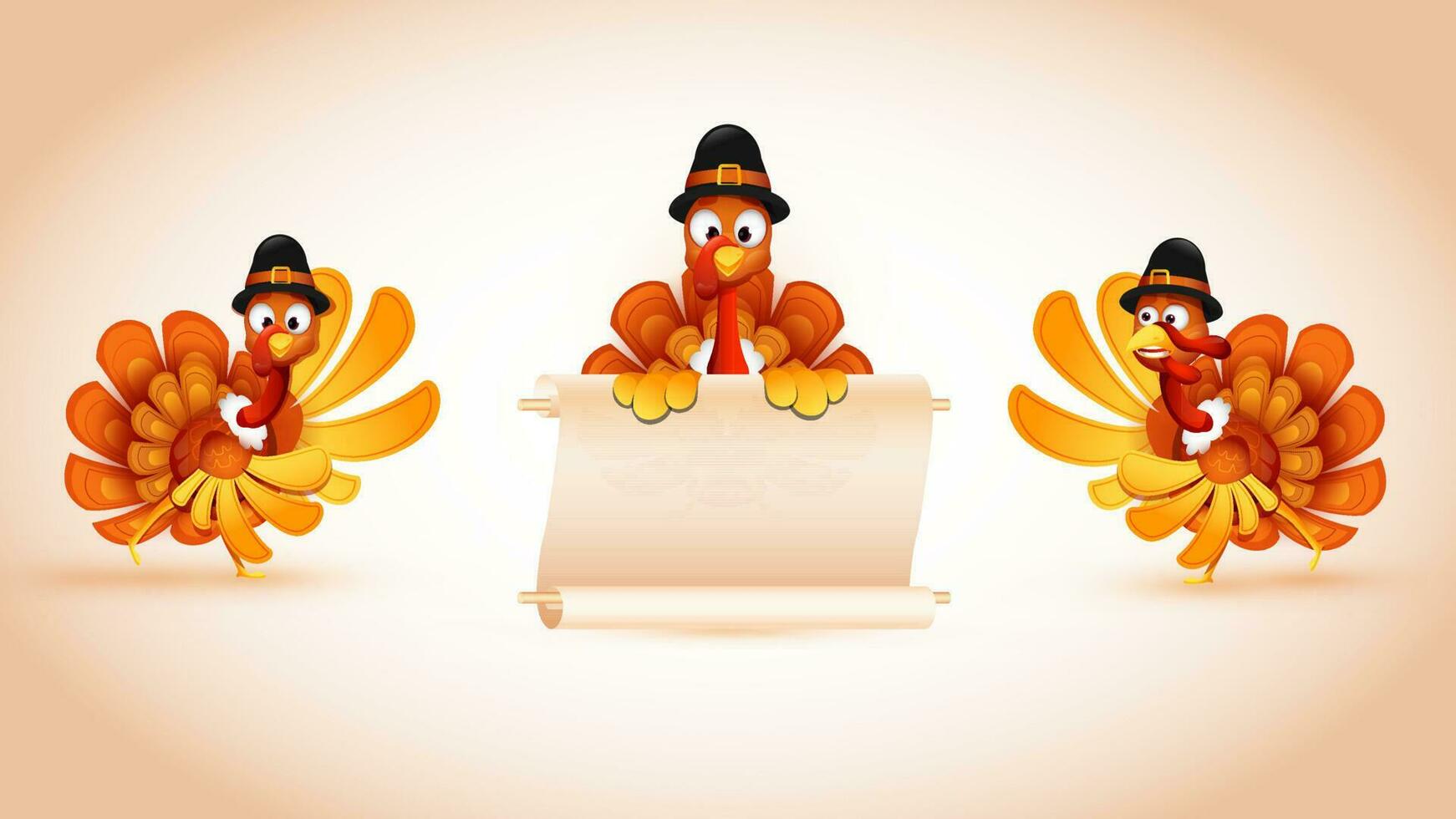 Set of turkey bird wearing pilgrim hat with blank scroll paper given for your message. vector