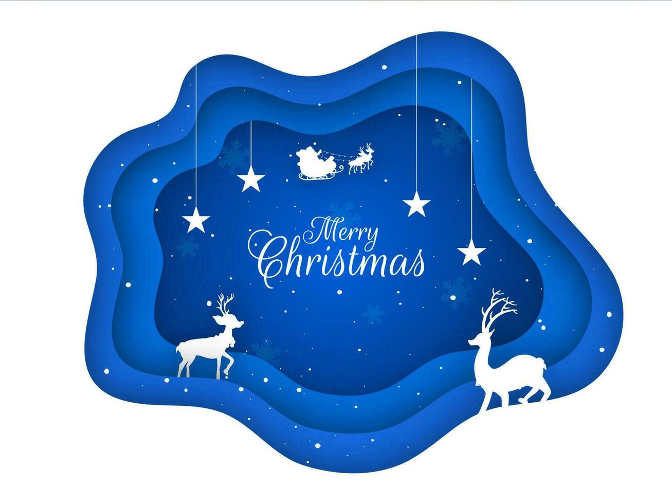 Paper layer cut greeting card design decorated with hanging stars, silhouette reindeer and santa riding on sleigh for Merry Christmas celebration concept. vector