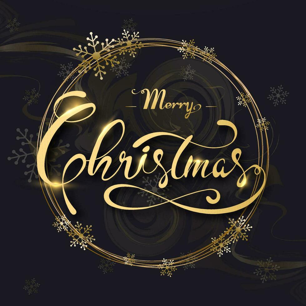 Golden calligraphy of Merry Christmas with snowflakes decorated on black swirl painted background. Can be used as greeting card design. vector